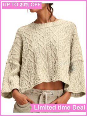 Womens Cable Knit Cropped Sweater Oversized Long Sleeve Pullover